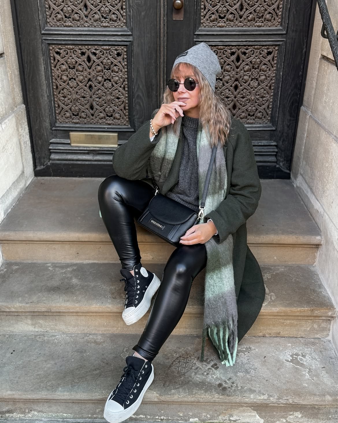 Faux Leather Leggings With Chunky Scarf & Beanie