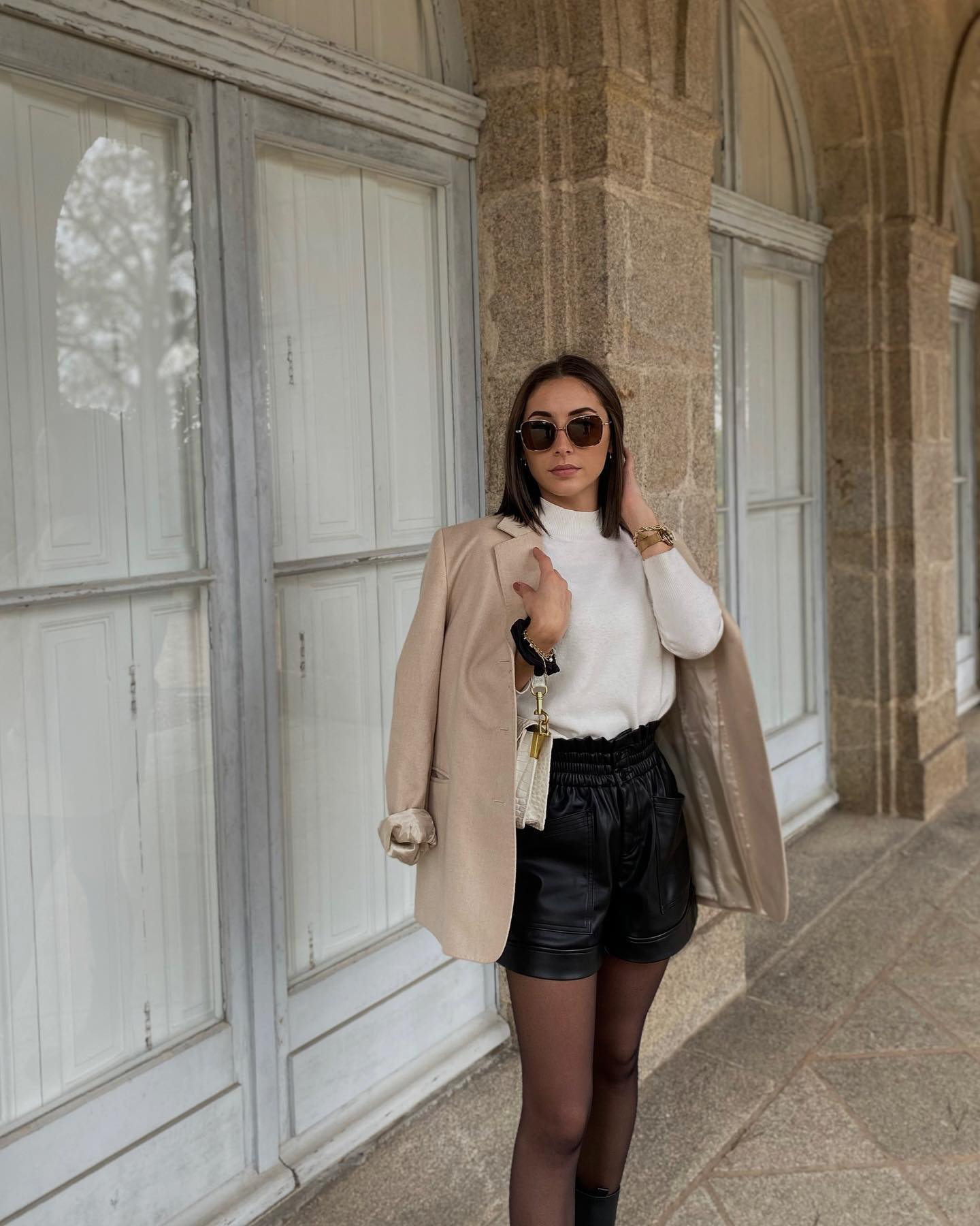 Faux Leather Shorts with Cream Turtleneck & Blazer