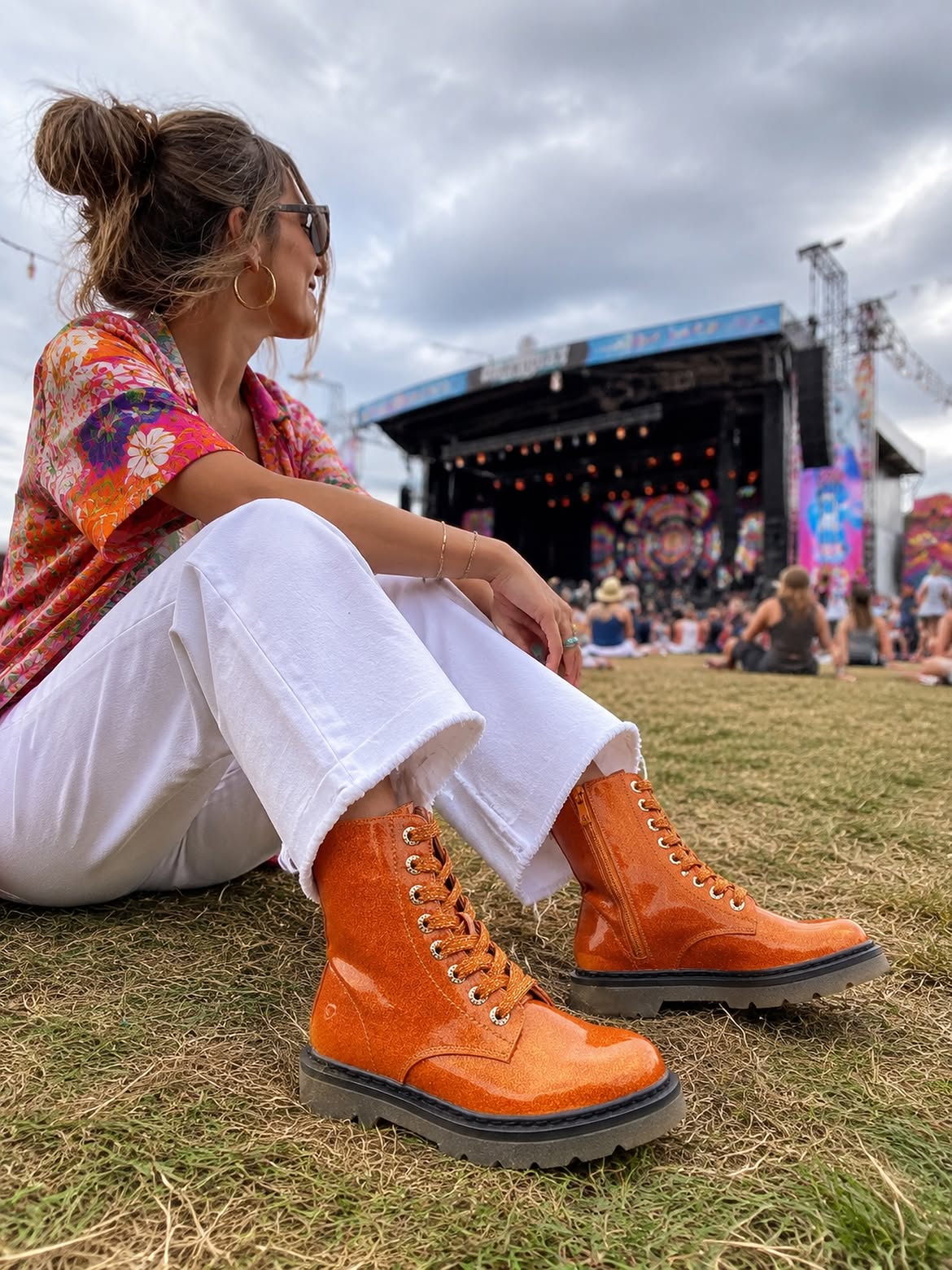 Festival Ready Glitter Combat Boots and White Denim