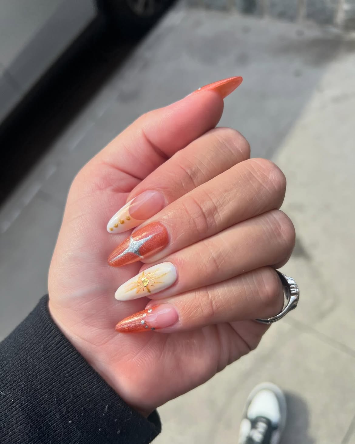 Fiery Sunburst Orange Aura Nails