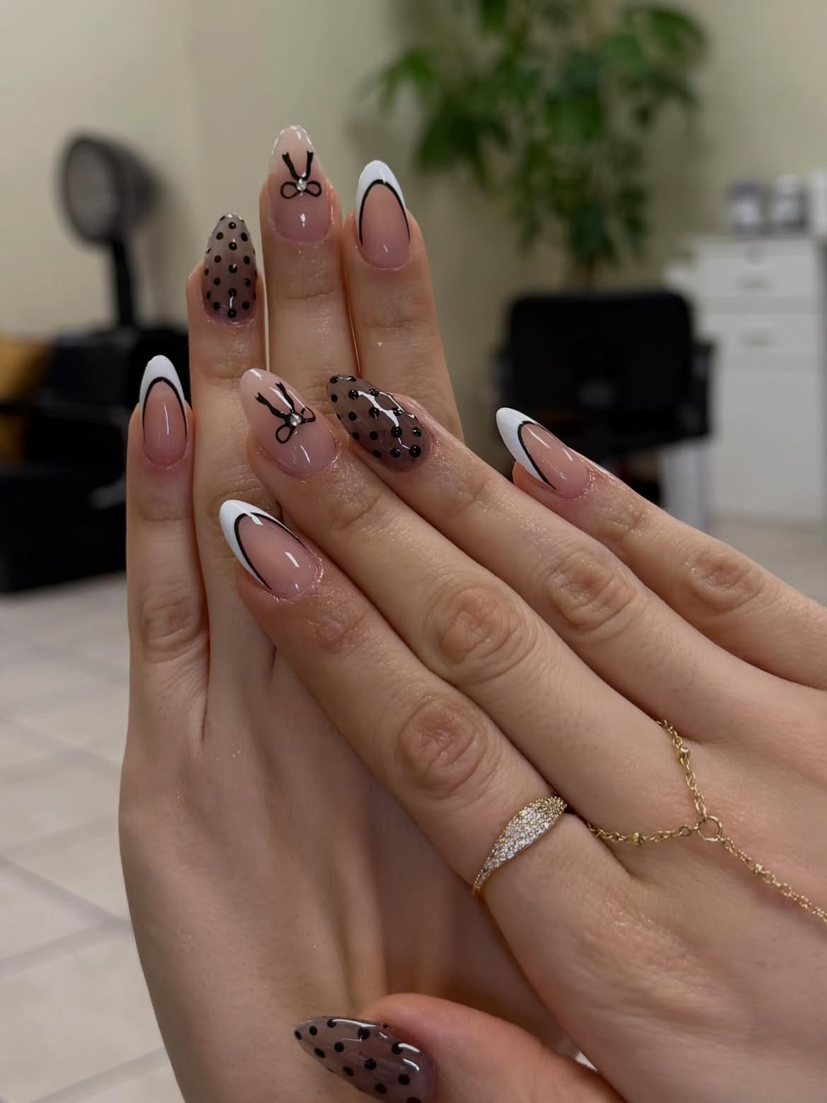 French Tip Almond Nails with Polka Dot & Bow Detail