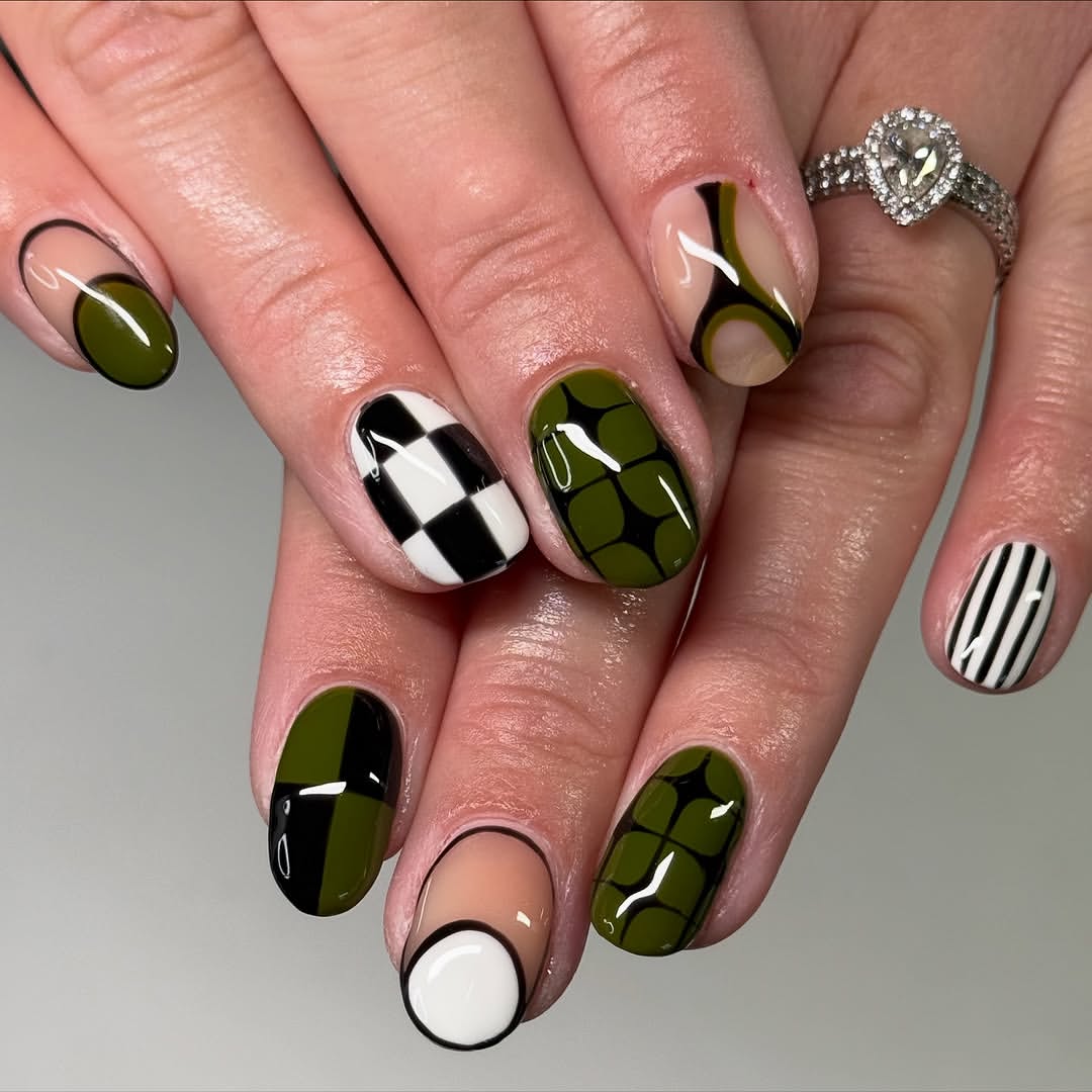 Geometric Abstract Olive Green and Black Nails