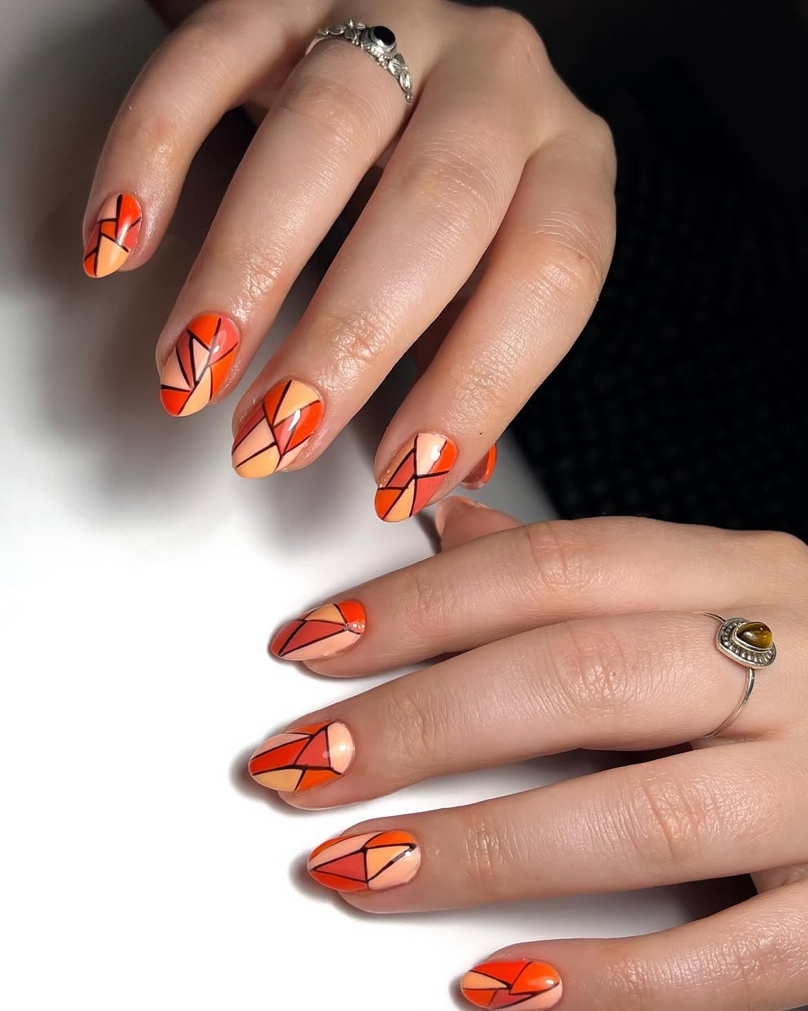 Geometric Sunset Orange Nail Art