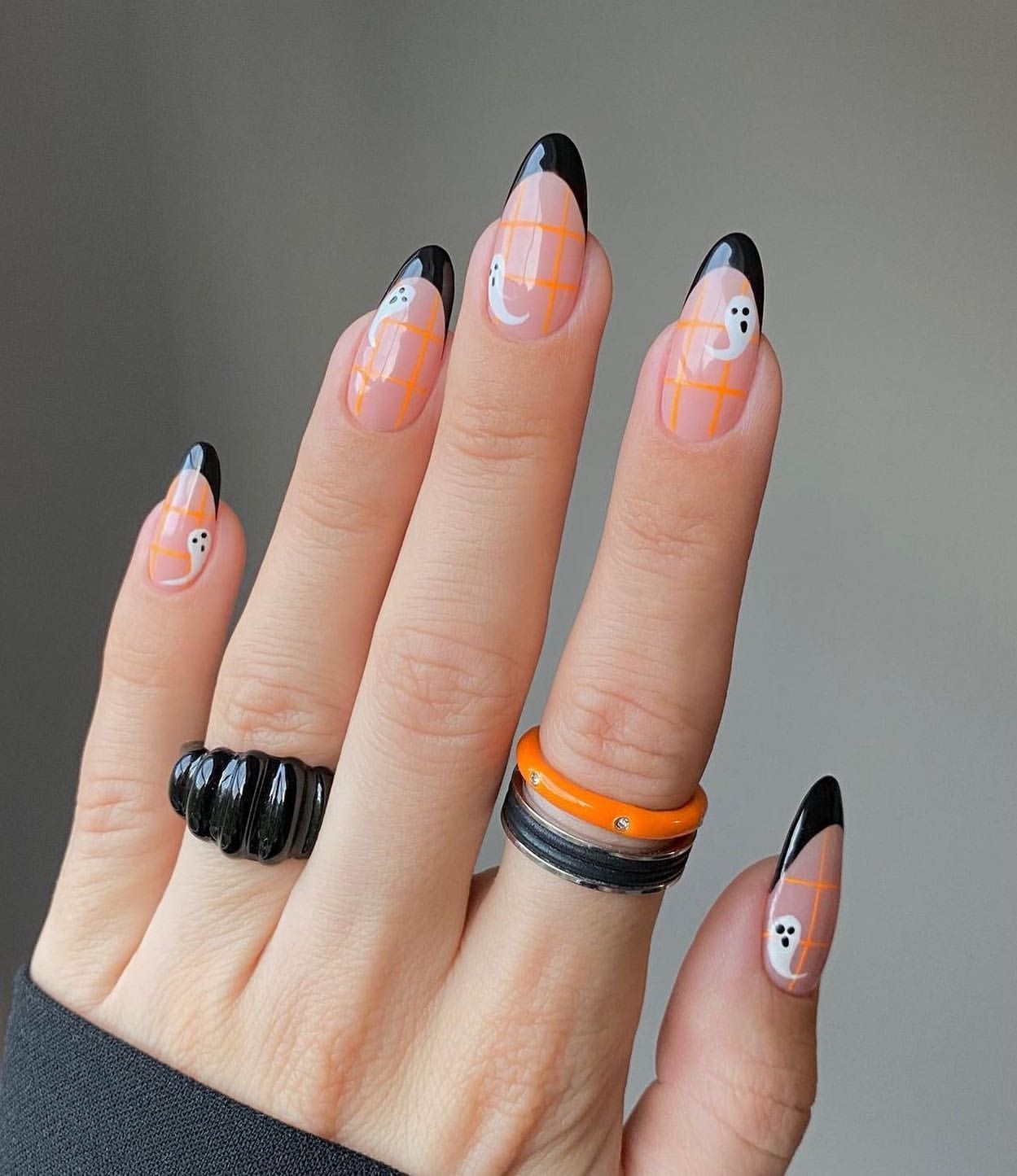 Ghostly Orange Plaid Almond French Tips