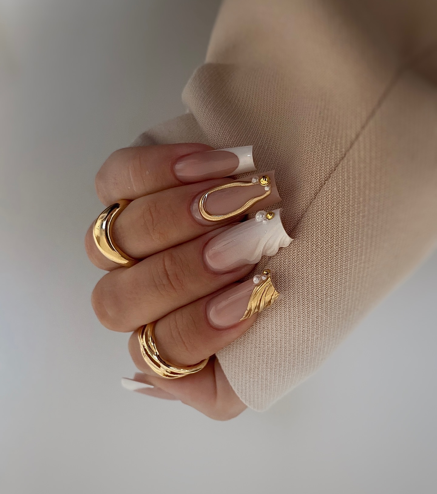 Gilded French Ombre Nails with Pearls