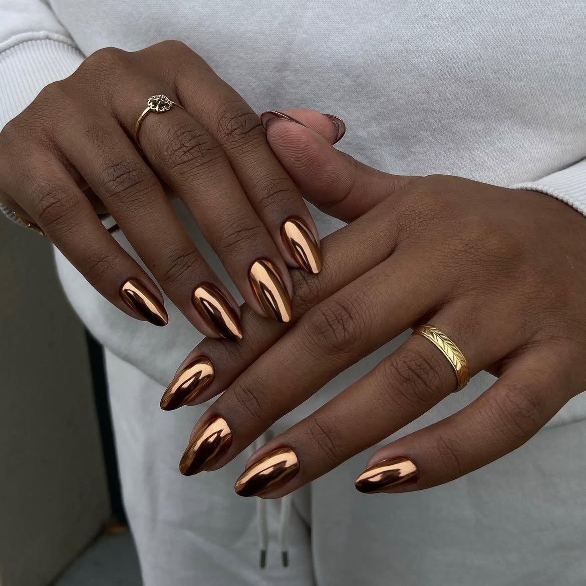 Gleaming Copper Chrome Almond Nails