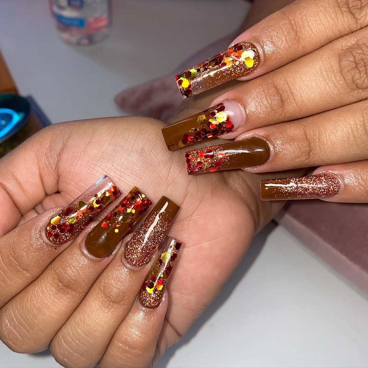 Glittery Fall Ombre Chocolate Almond Nails