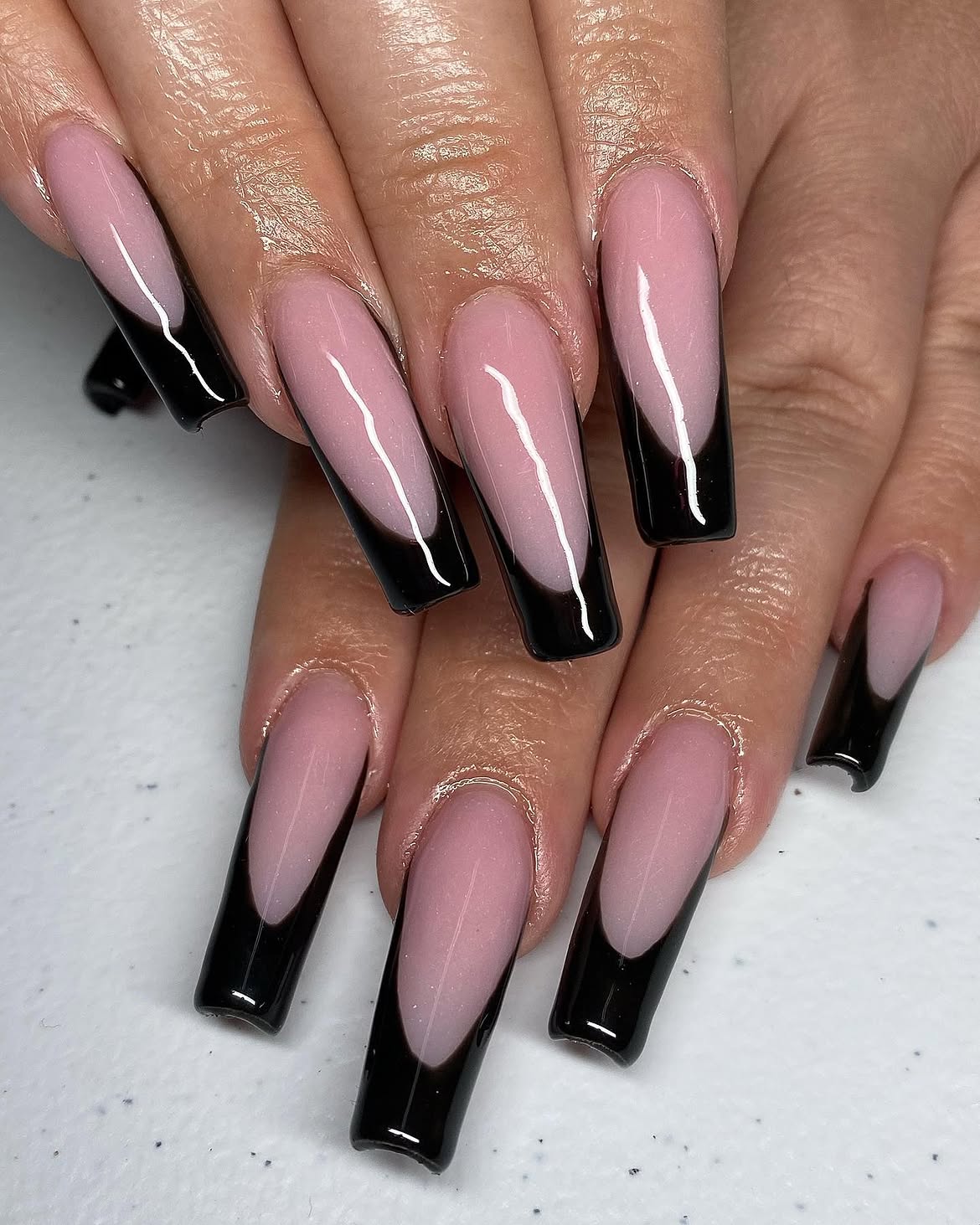 Glossy Black And Pink French Tip Coffin Nails