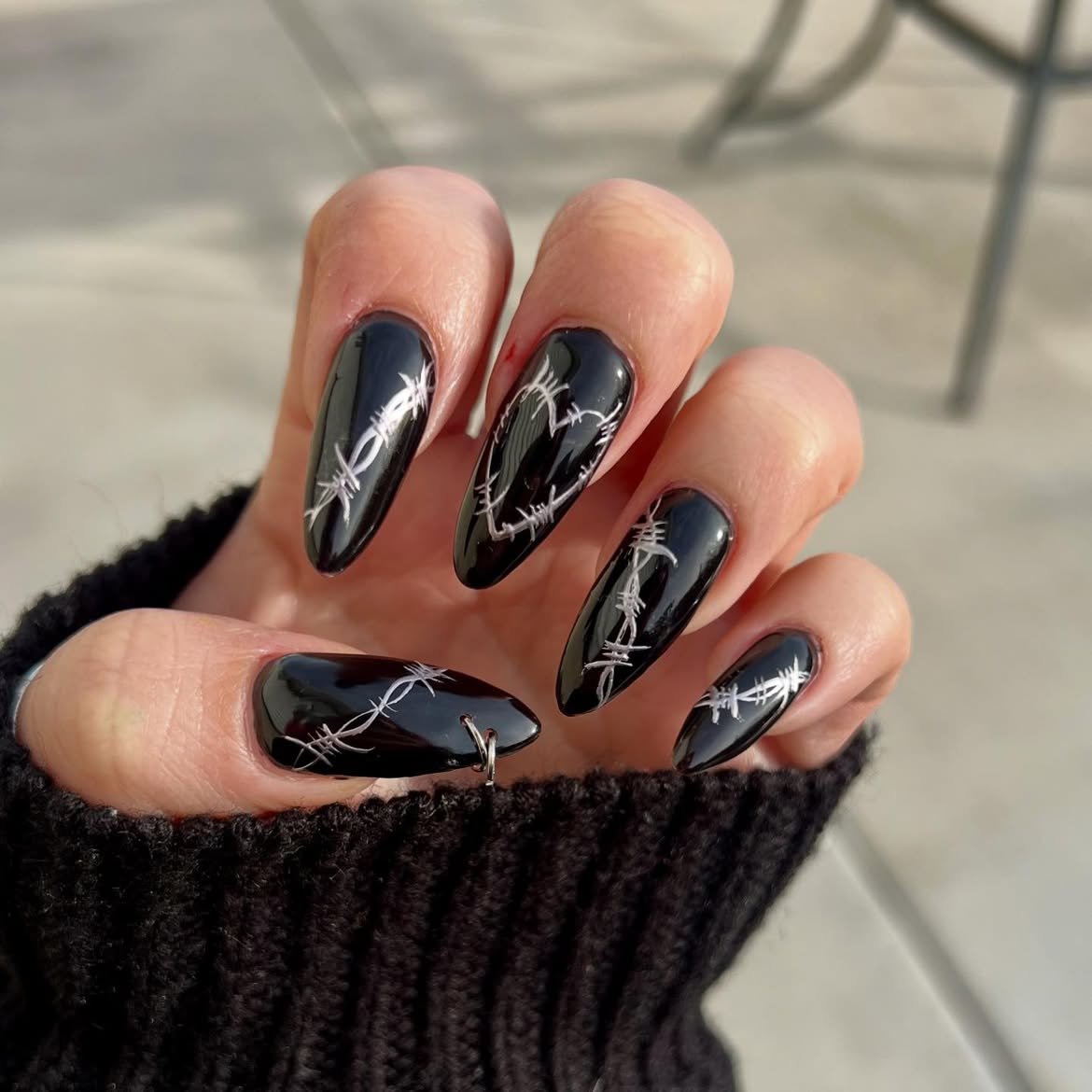 Glossy Black Coffin Nails with Silver Barbed Wire Art