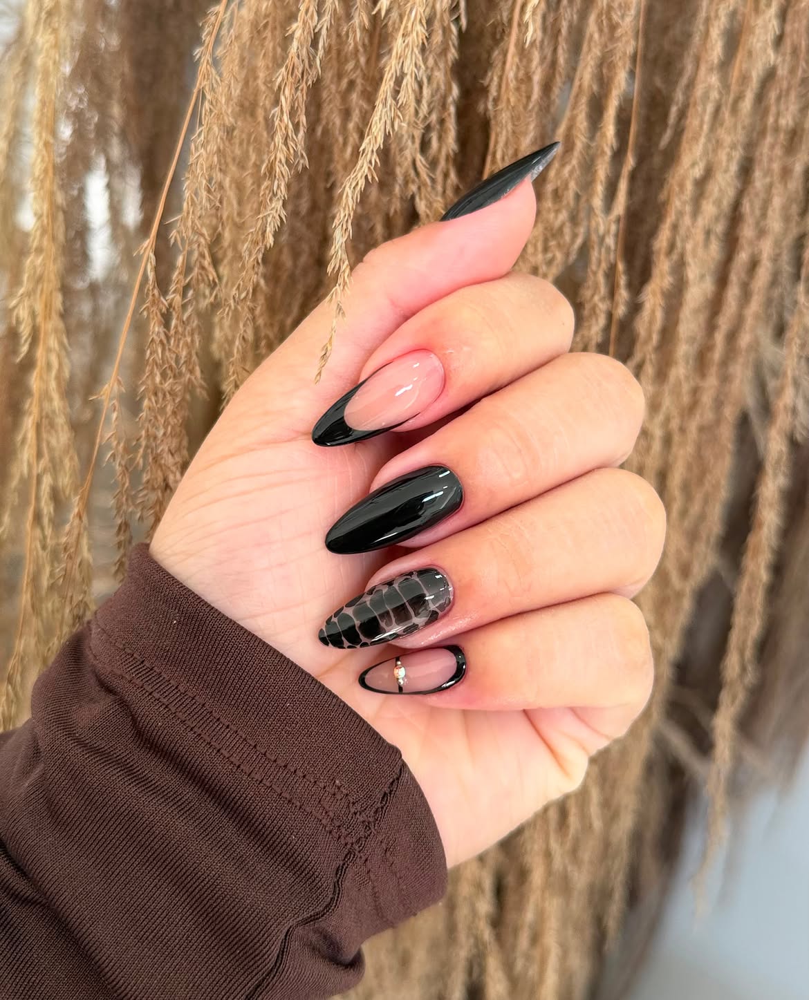 Glossy Black French Tip Almond Nails