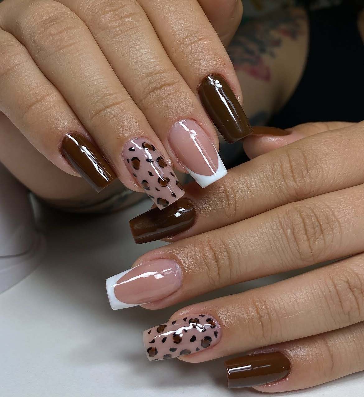 Glossy Chocolate Leopard French Tips