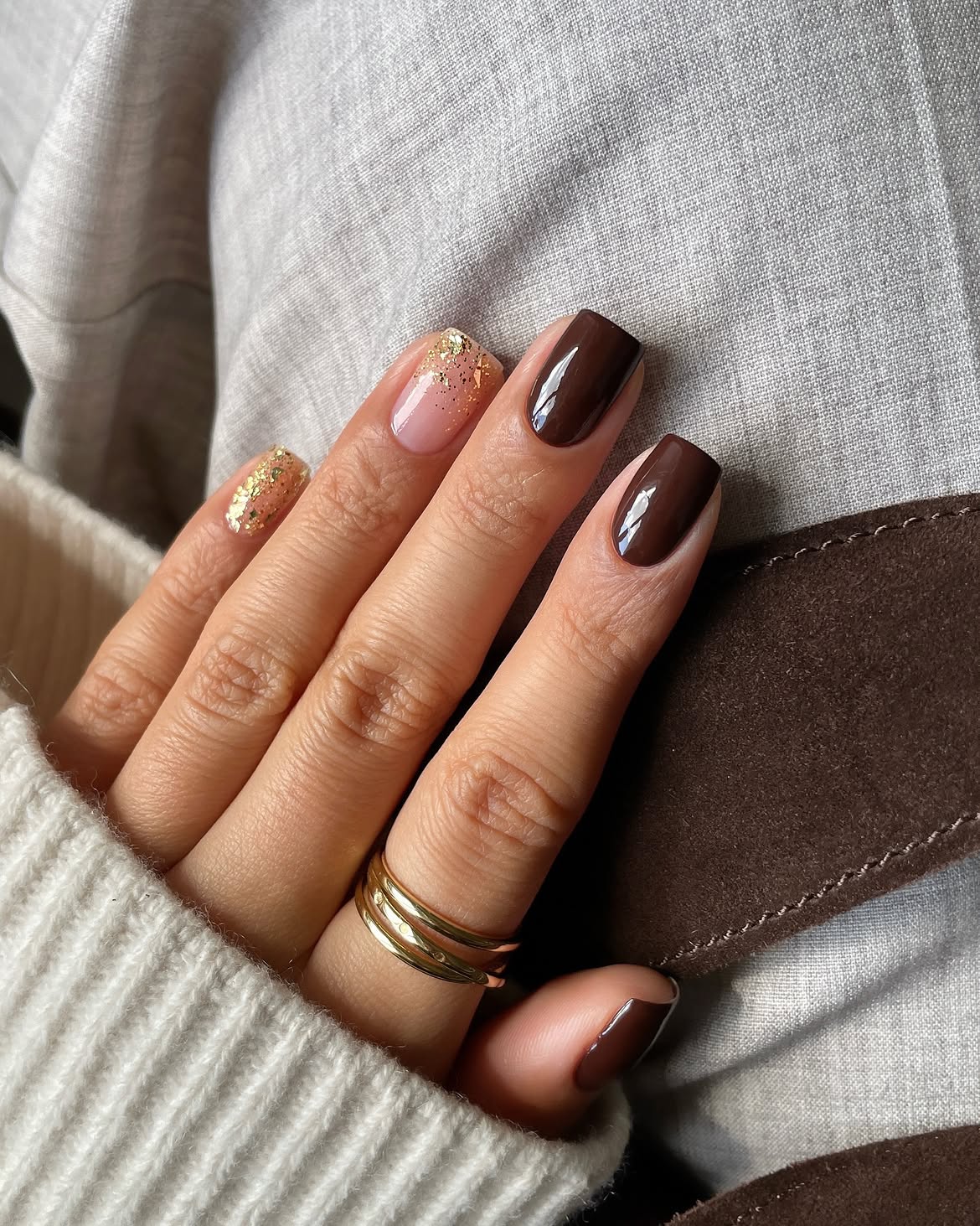 Glossy Chocolate Nails with Gold Flake Accent