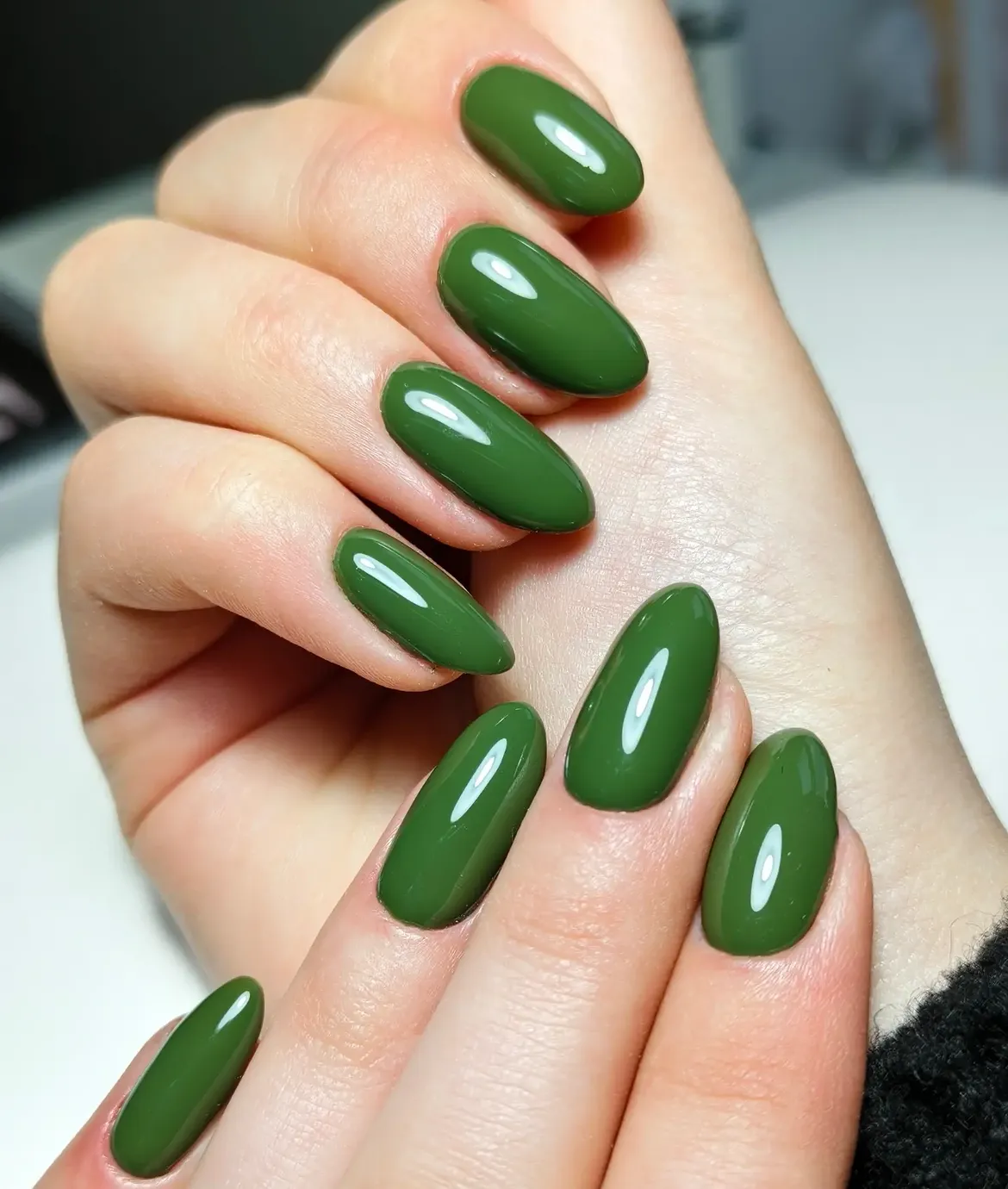 Glossy Deep Olive Green Almond Nails