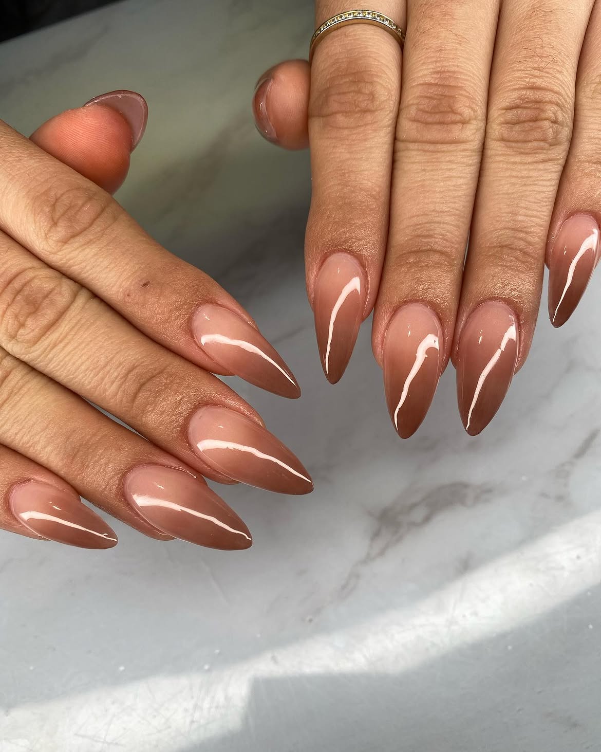 Glossy Ombre Almond Nails with Nude Brown Gradient