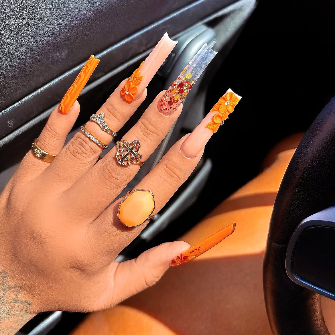 Glossy Orange Floral Thanksgiving Coffin Nails