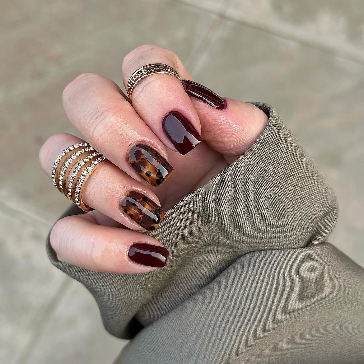 Glossy Tortoiseshell and Deep Cherry Red Nails