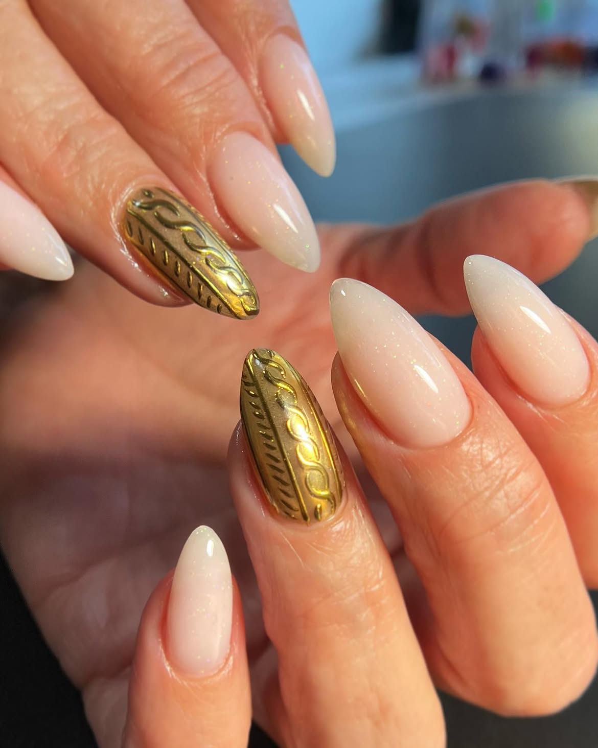 Gold Cable Knit Accent Milky Almond Nails