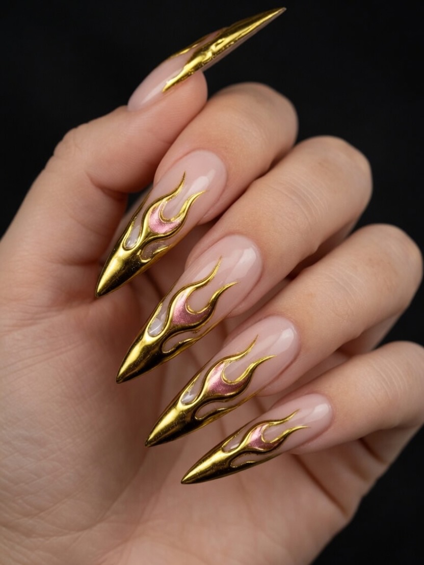 Gold Flame Stiletto Nails With Pink Accents