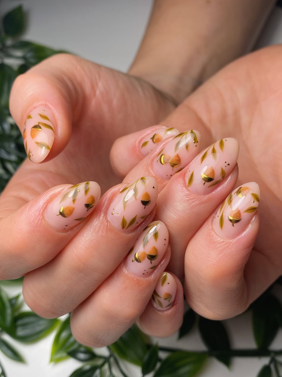 Golden Acorn and Leaf Matte Almond Nails