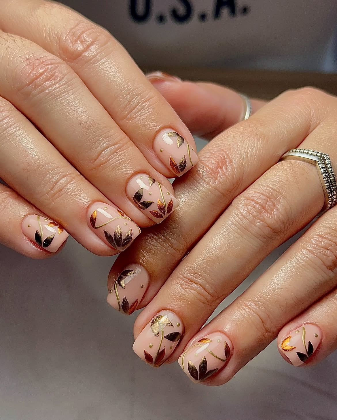Golden Leaf Fall Accents on Nude Base