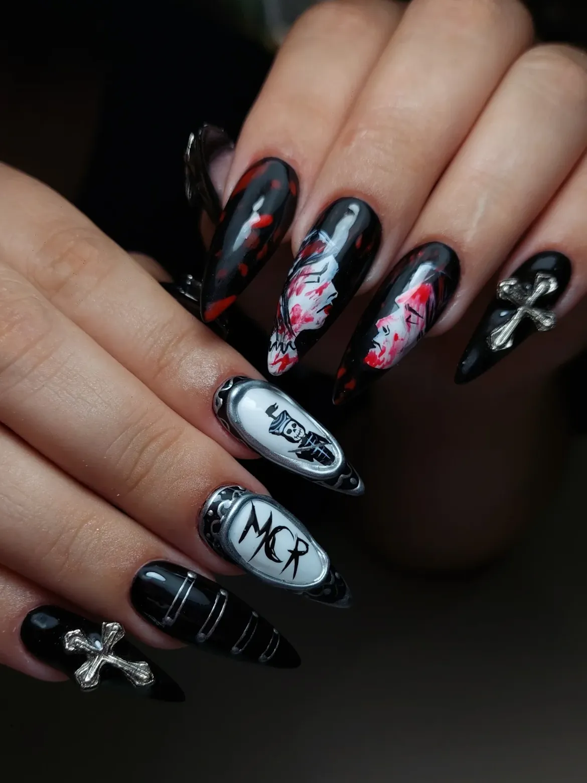 Gothic Band Art Stiletto Nails With Cross Charms