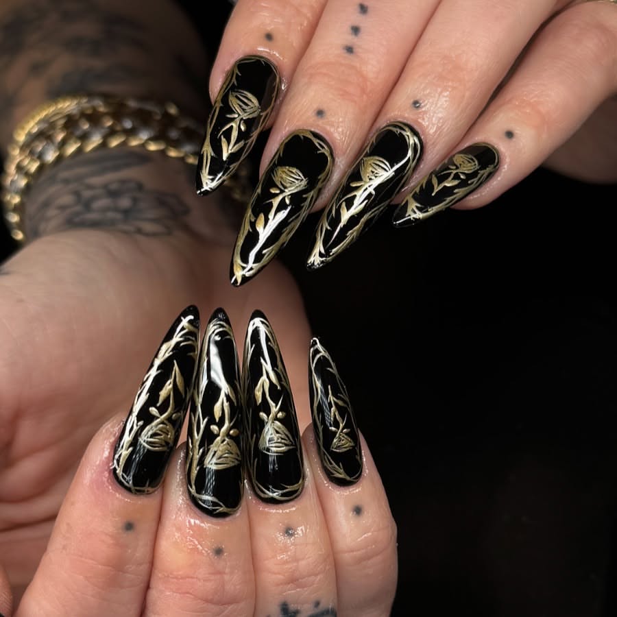 Gothic Black and Gold Floral Stiletto Nails