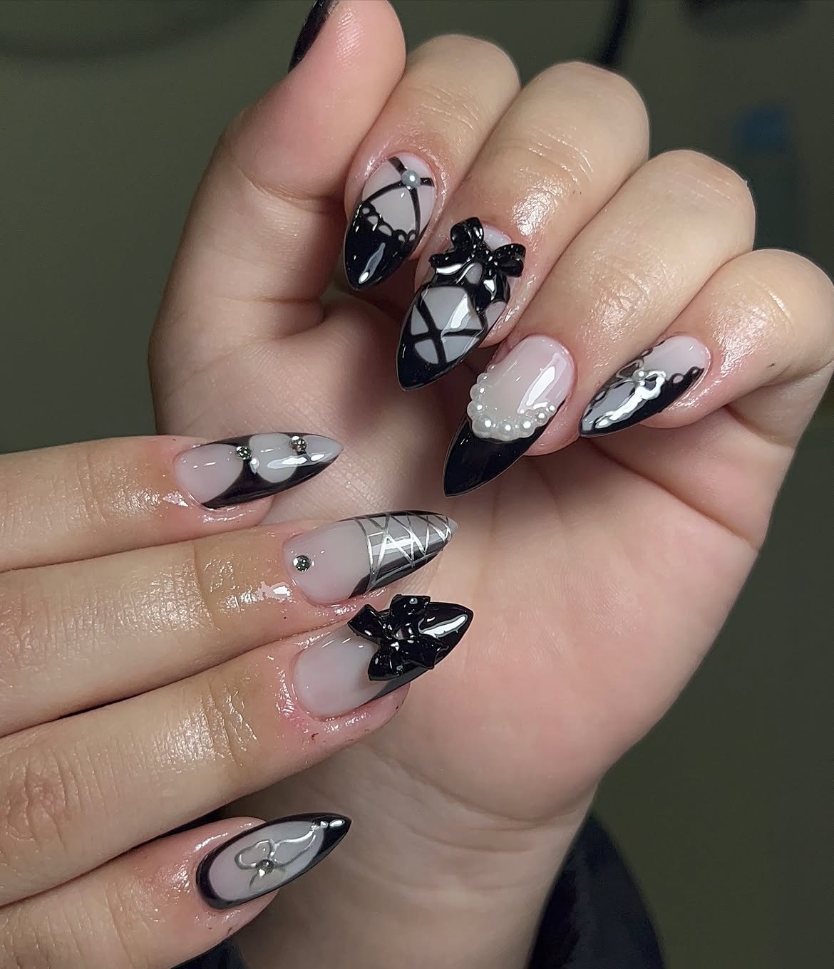 Gothic Black Bow and Pearl Almond Nails