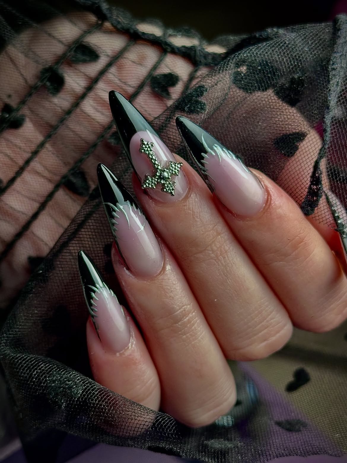 Gothic Black French Tip Stiletto Nails with Cross Charm