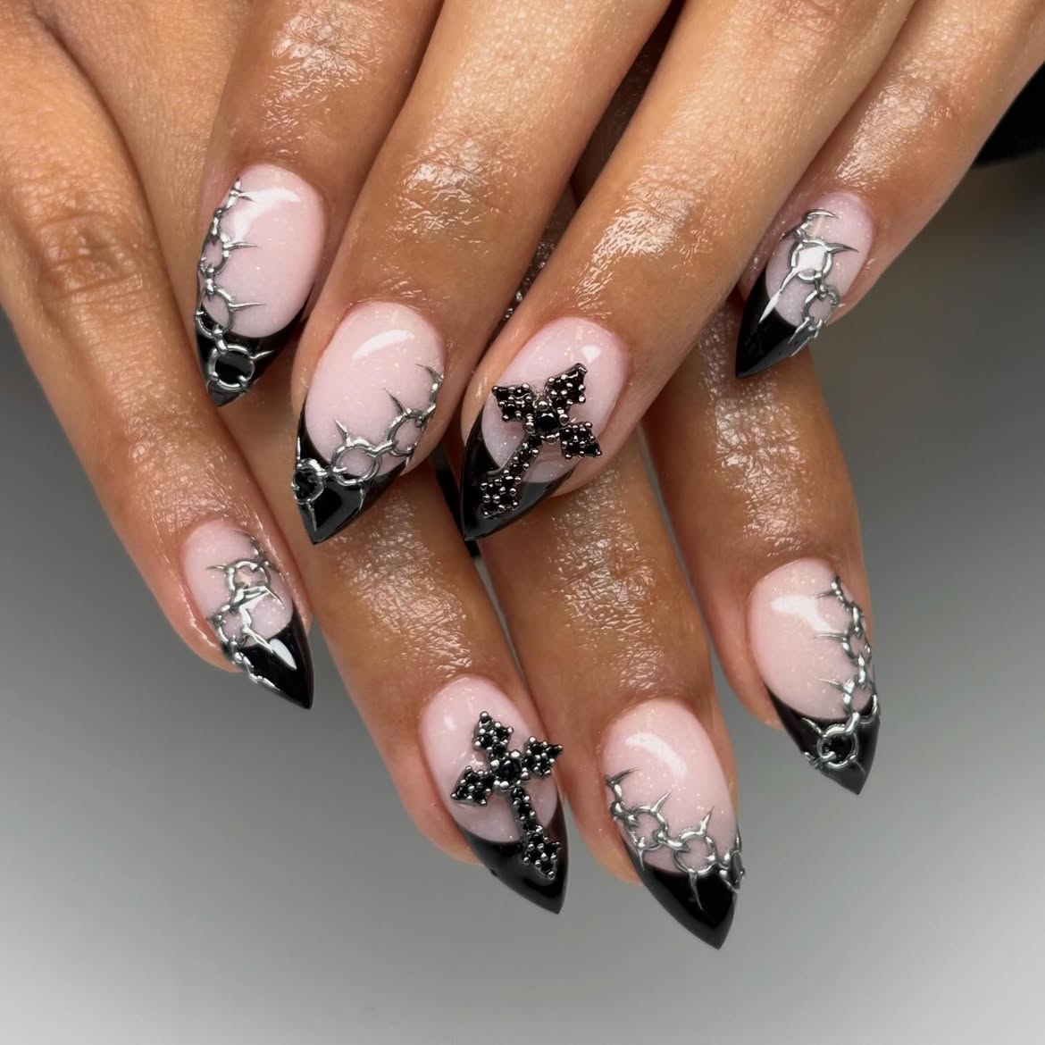 Gothic Black French Tip Stiletto Nails with Cross Charms