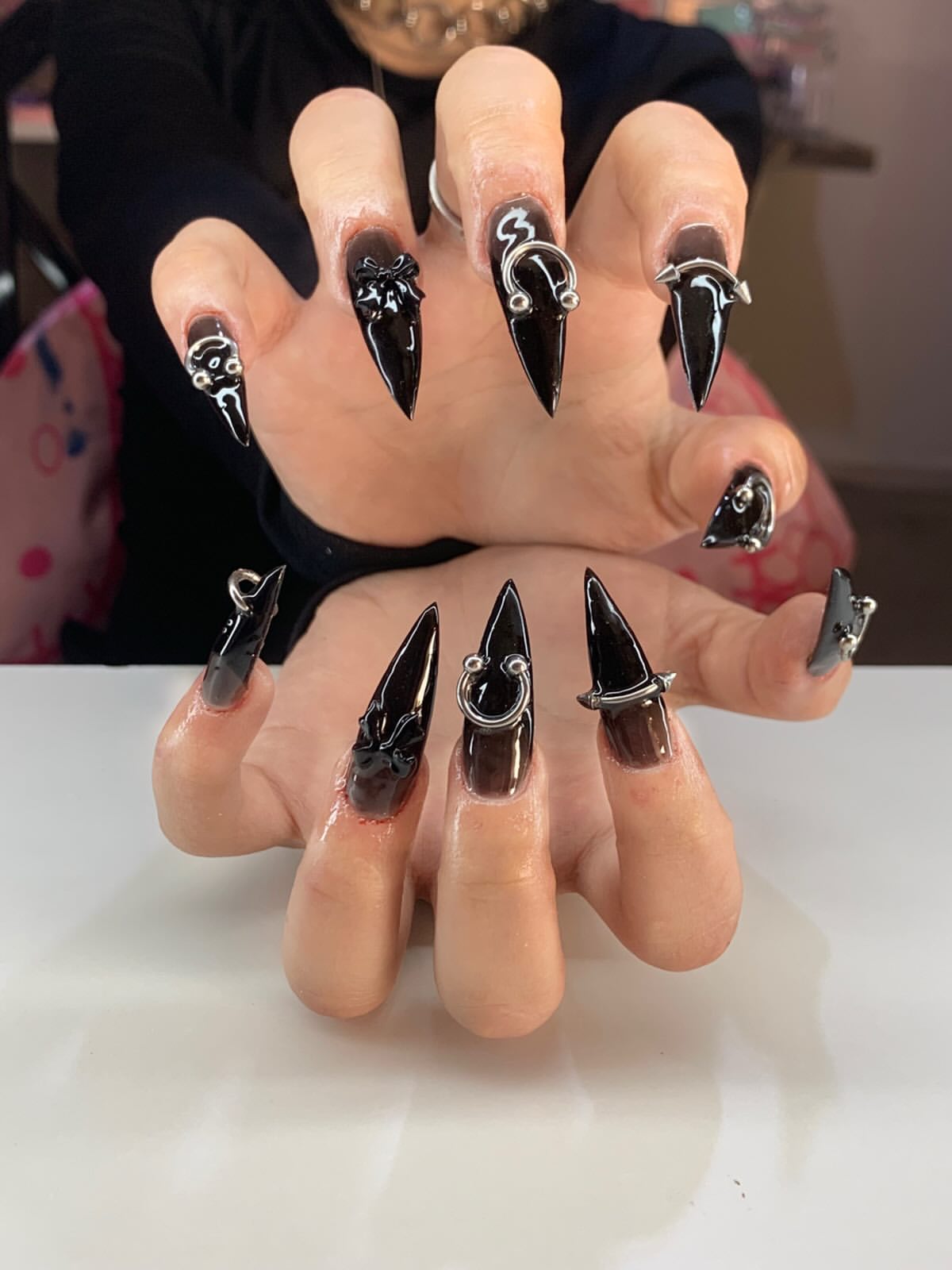Gothic Black Stiletto Nails With Charms And Rings