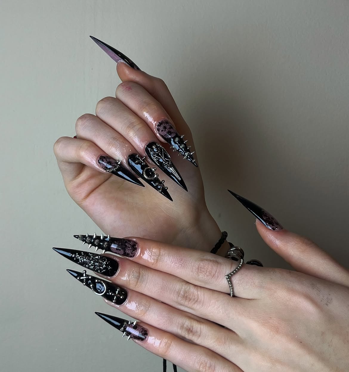 Gothic Black Stiletto Nails with Spikes