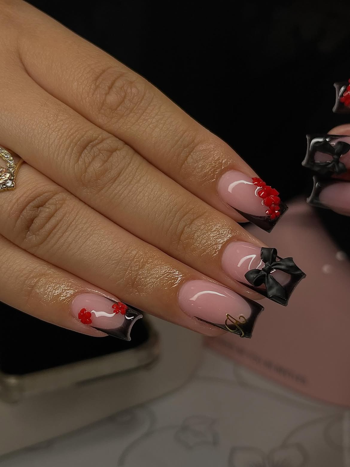 Gothic Bow French Tip Nails With Red Accents