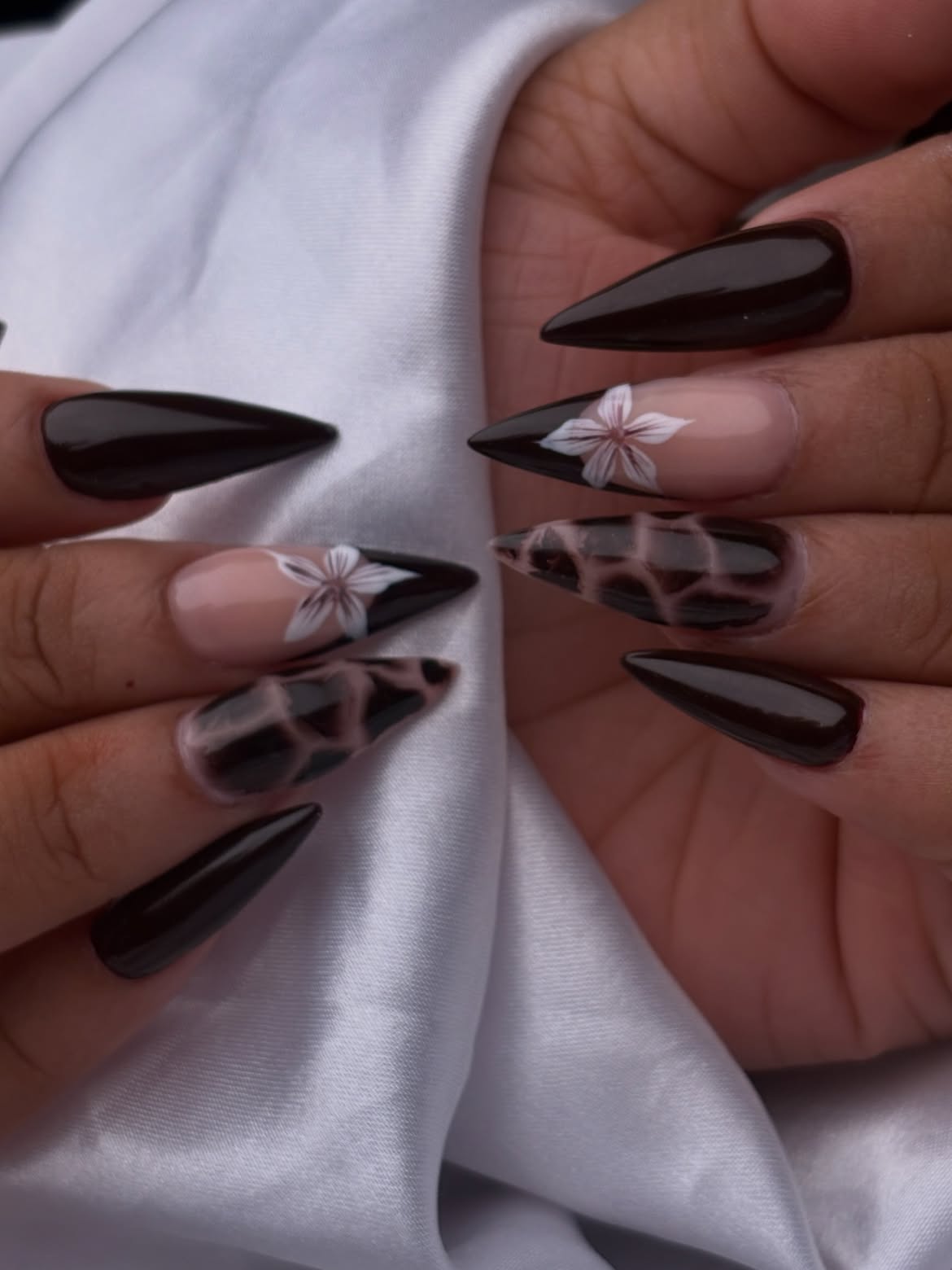 Gothic Chic Floral and Giraffe Stiletto Nails