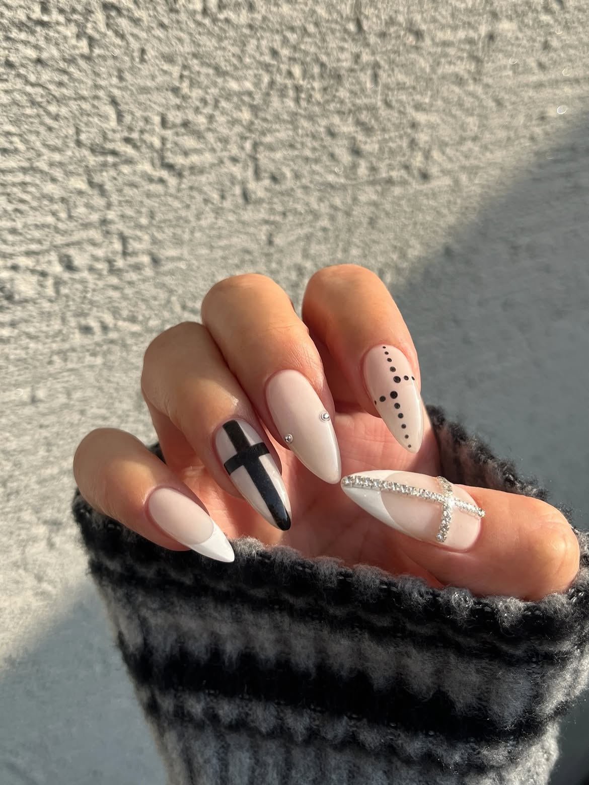 Gothic Cross and Dot Almond French Nails