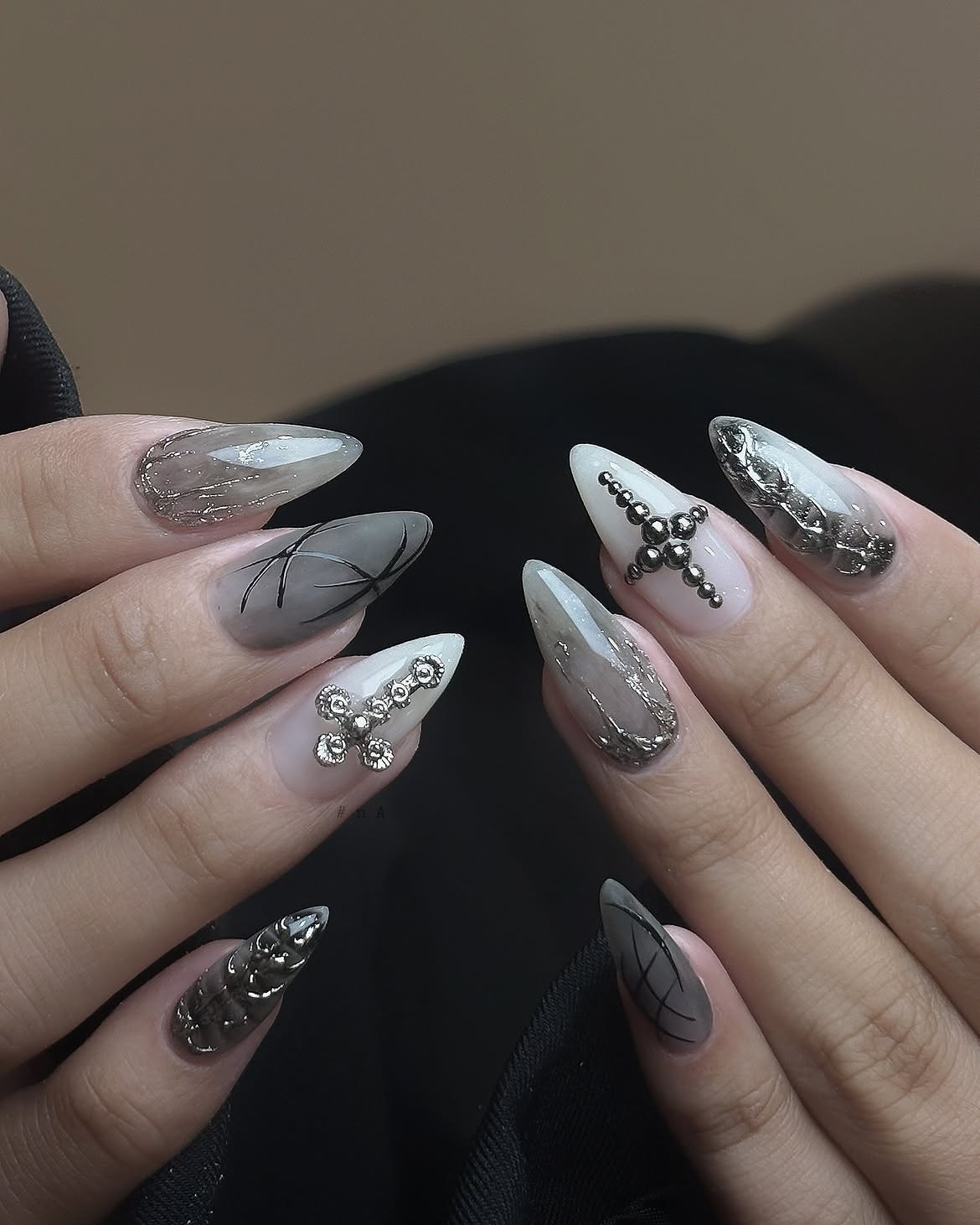 Gothic Cross Rhinestone Ombre Stiletto Nails