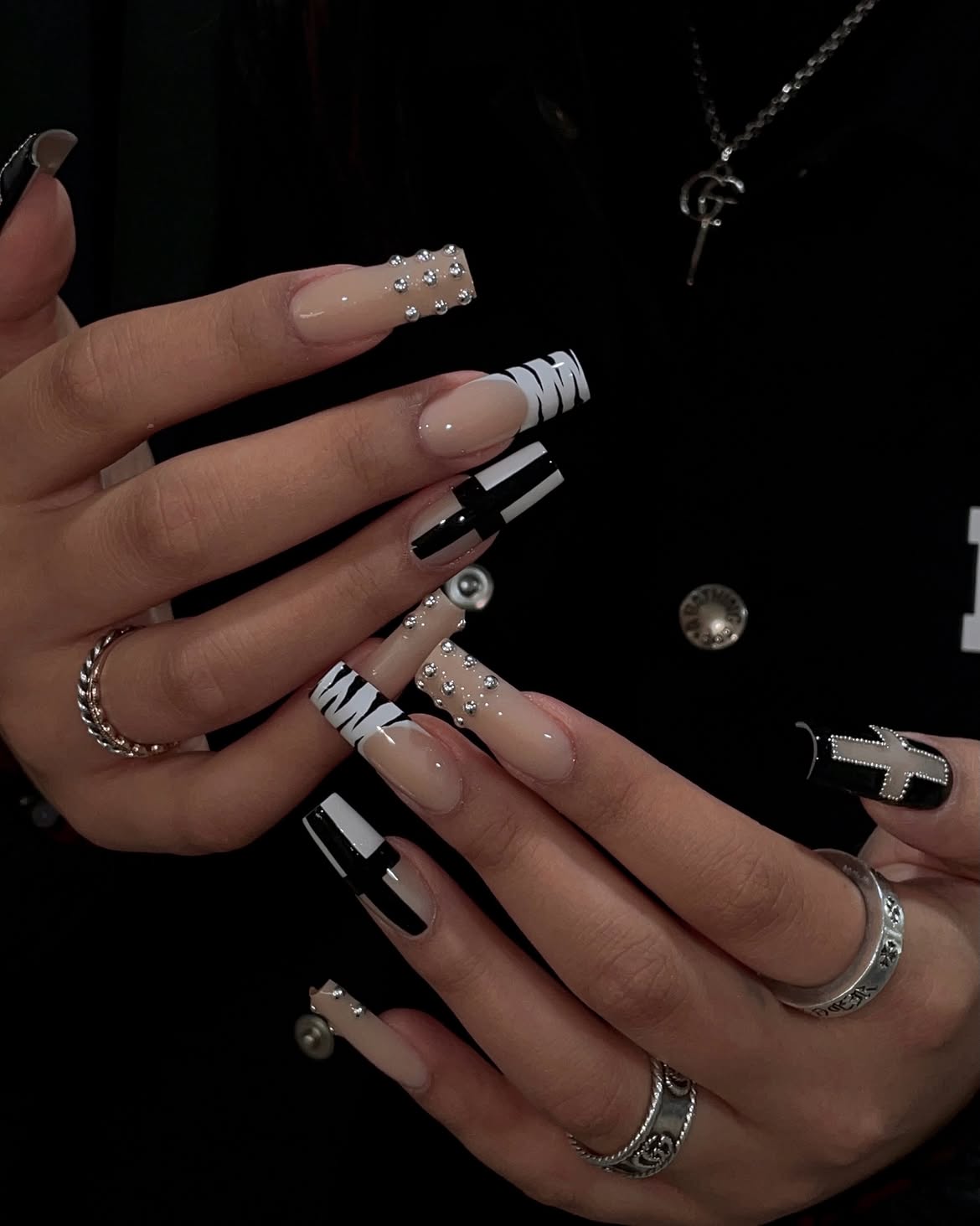 Gothic Glam Black and White French Tip Nails
