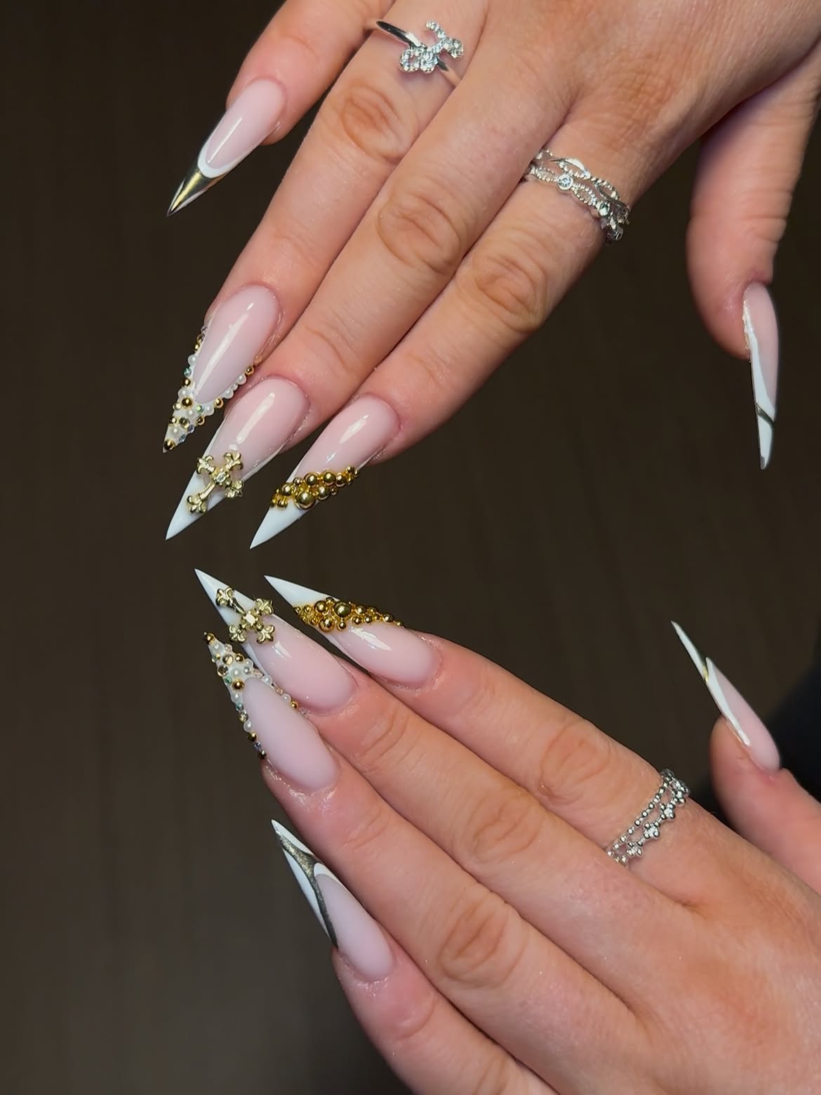 Gothic Glam Gold Cross Stiletto French Nails