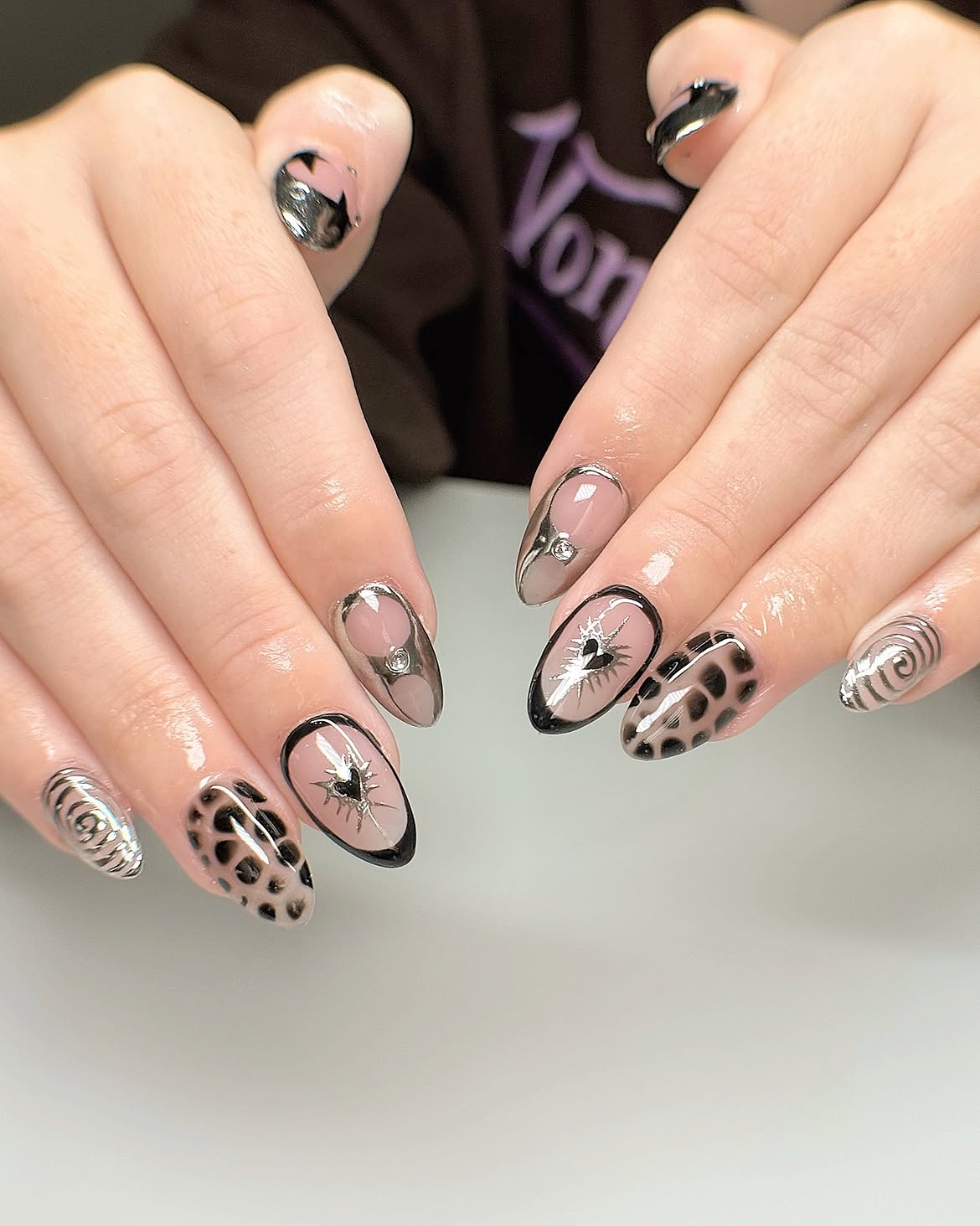 Gothic Leopard Heart Metal Swirl Almond Nails
