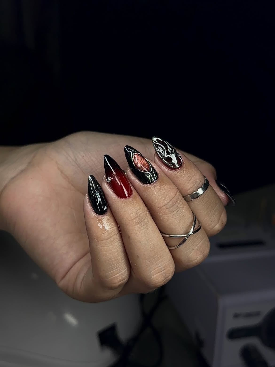 Gothic Ombre Stiletto Nails with Red Accents