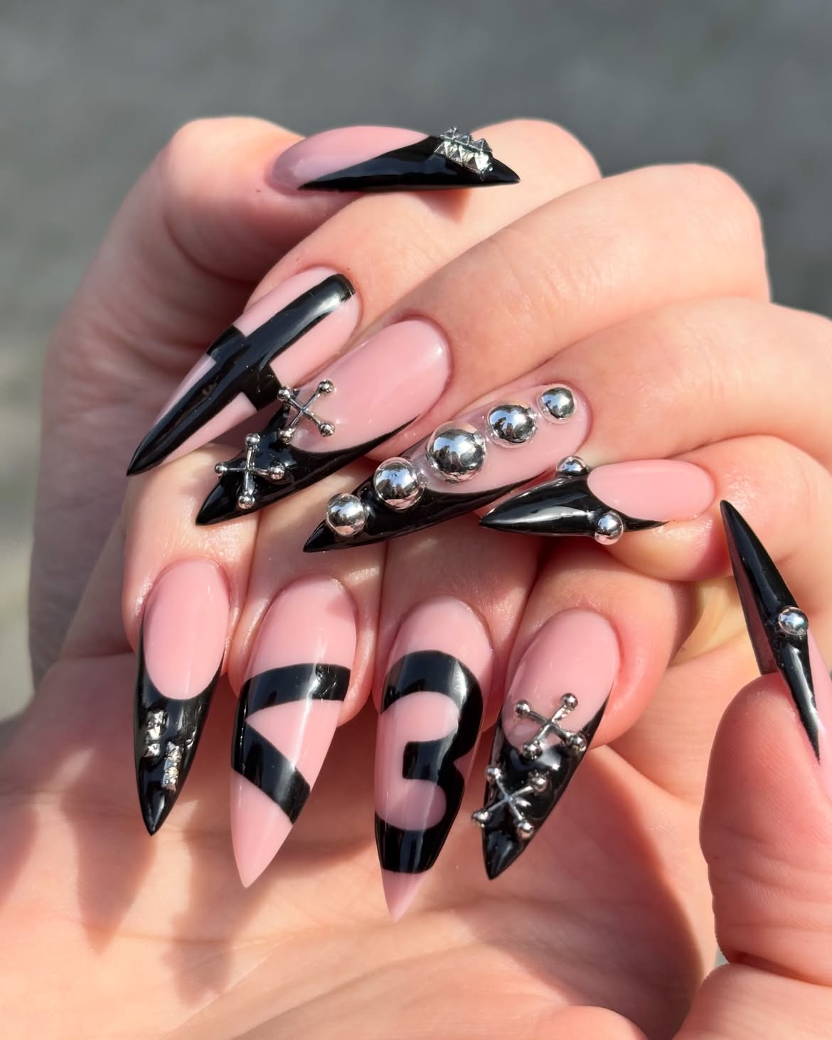 Gothic Pink Black Stiletto French With Silver Accents