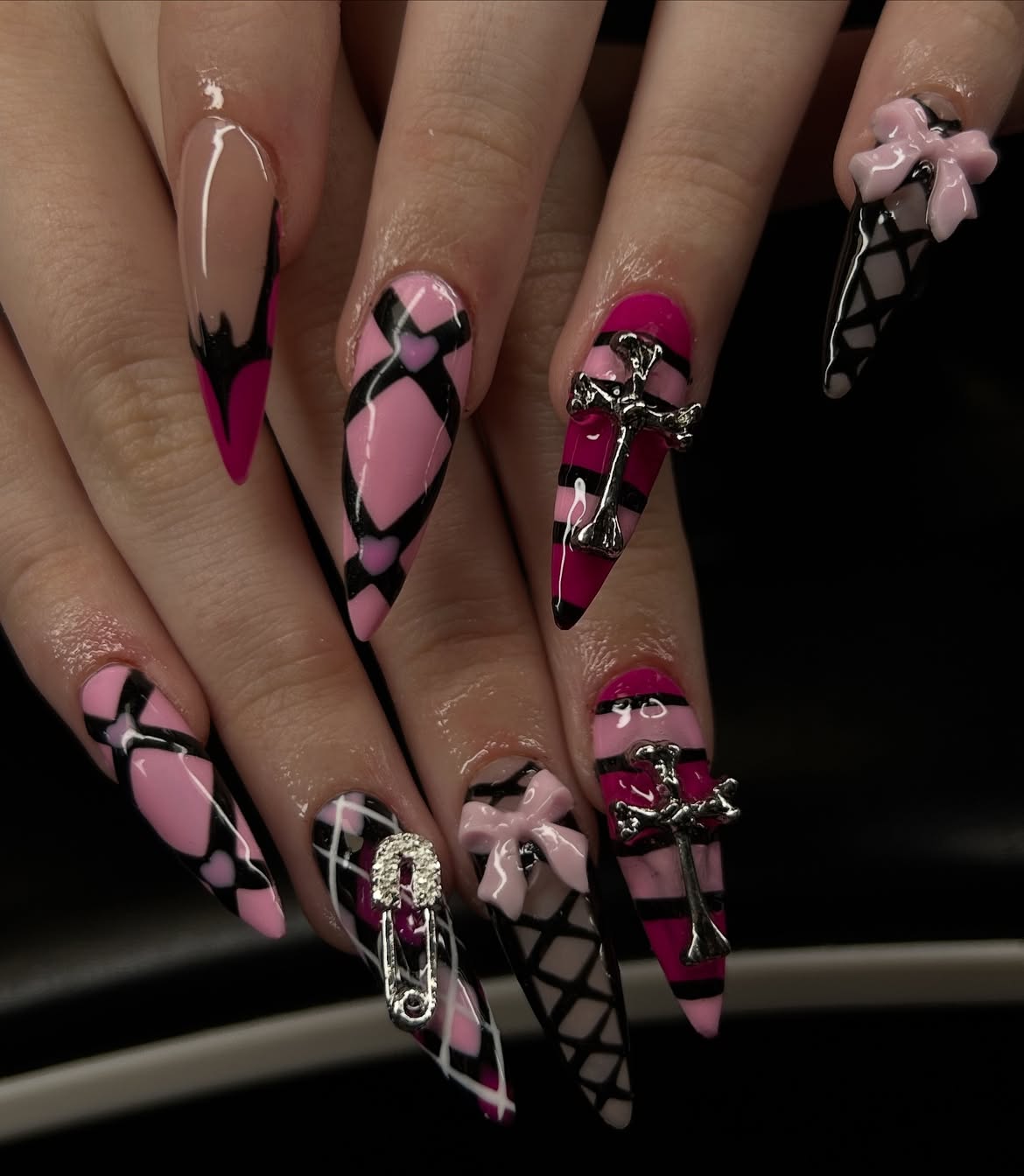 Gothic Pink & Black Stiletto Nail Art