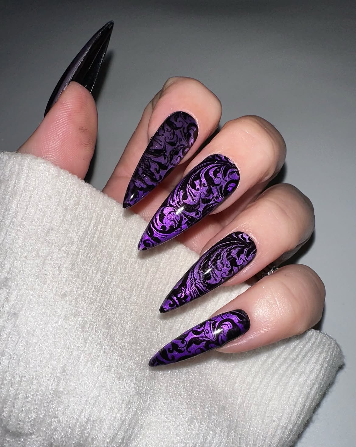 Gothic Purple Swirl Stiletto Nails