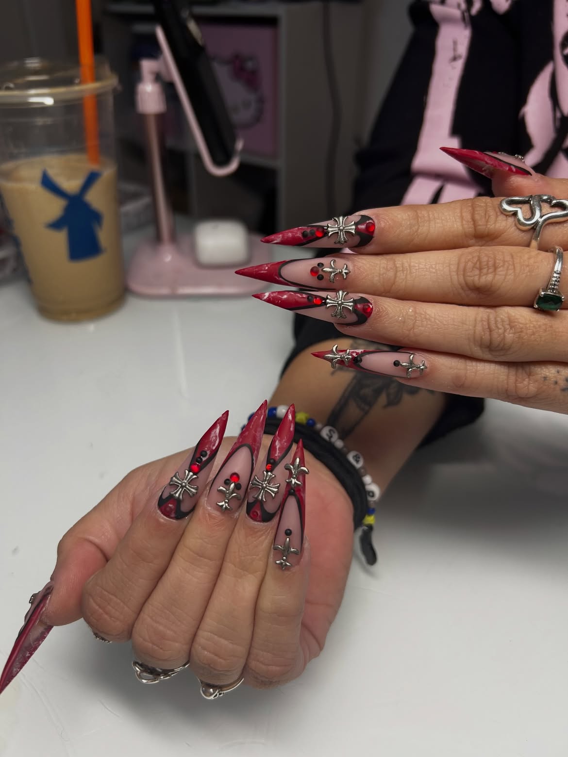 Gothic Red & Black Chrome Cross Stiletto Nails