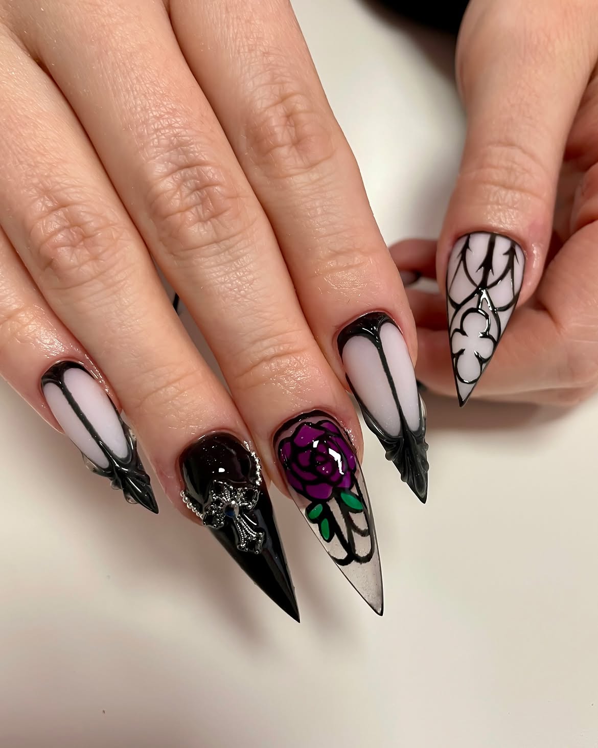 Gothic Rose and Cross Stiletto Nails