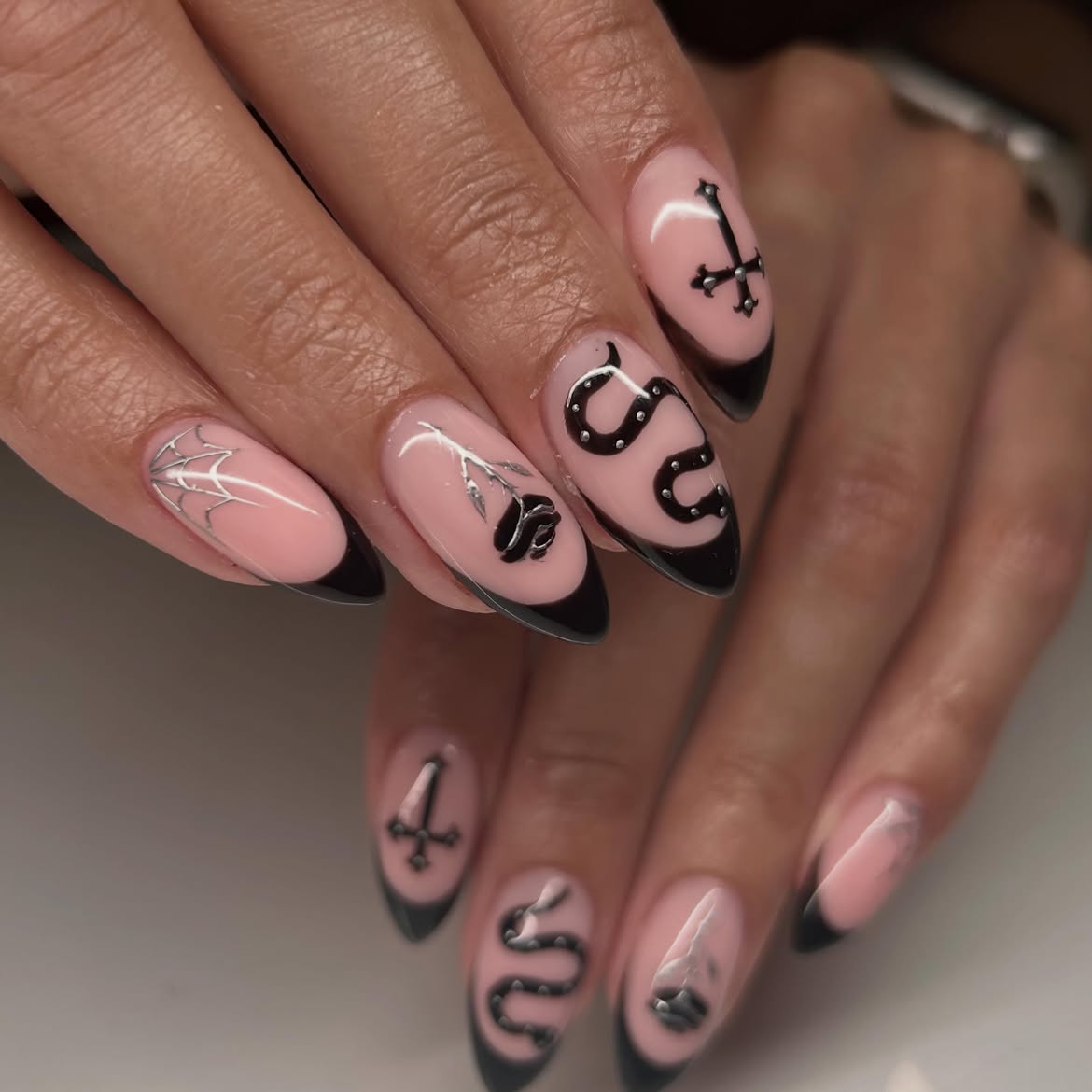 Gothic Serpent French Tip Almond Nails