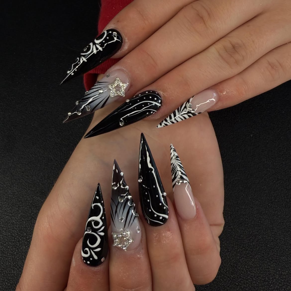 Gothic Stiletto Nails with Star Charms