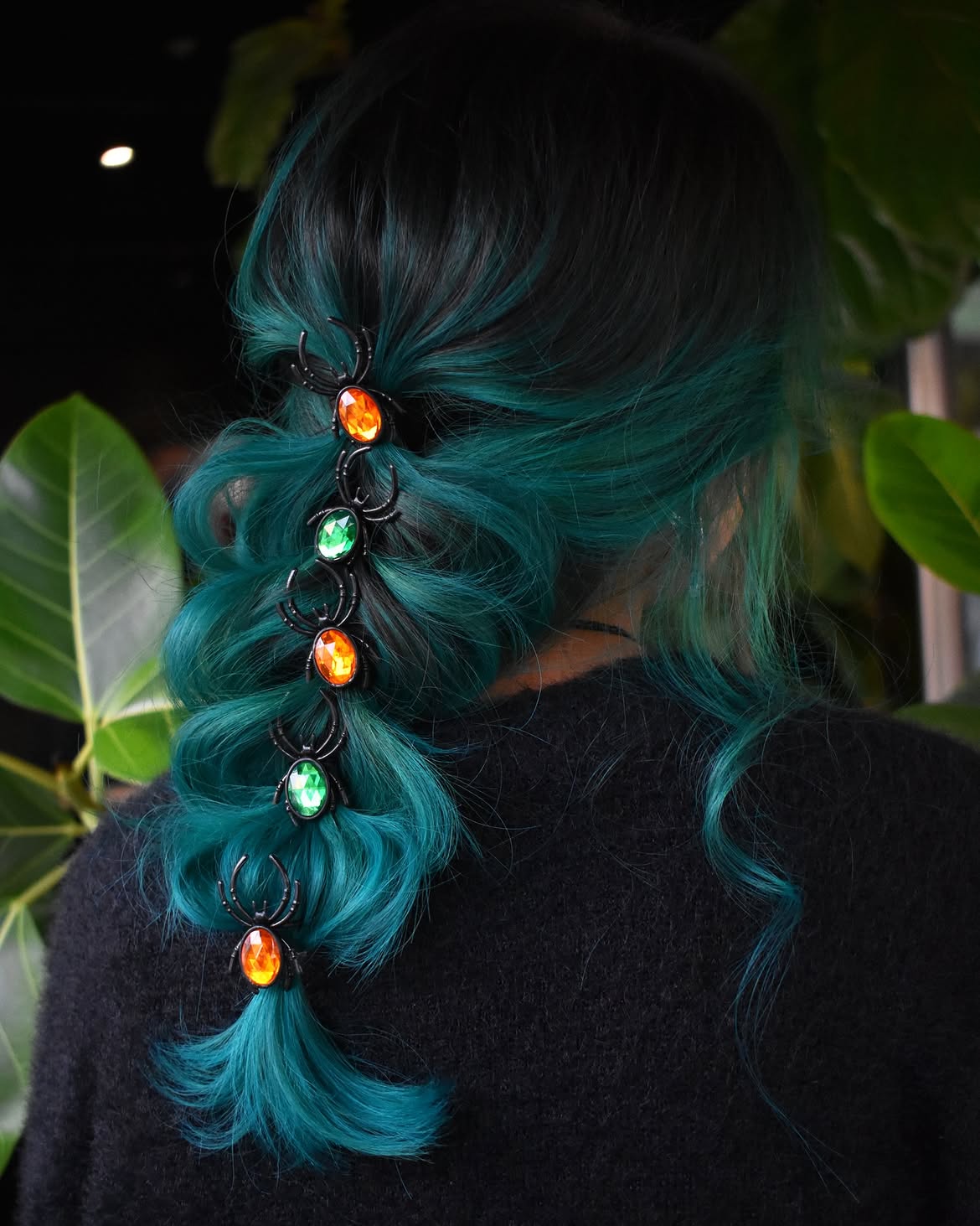 Gothic Teal Ombre Fishtail Braid With Spider Charms