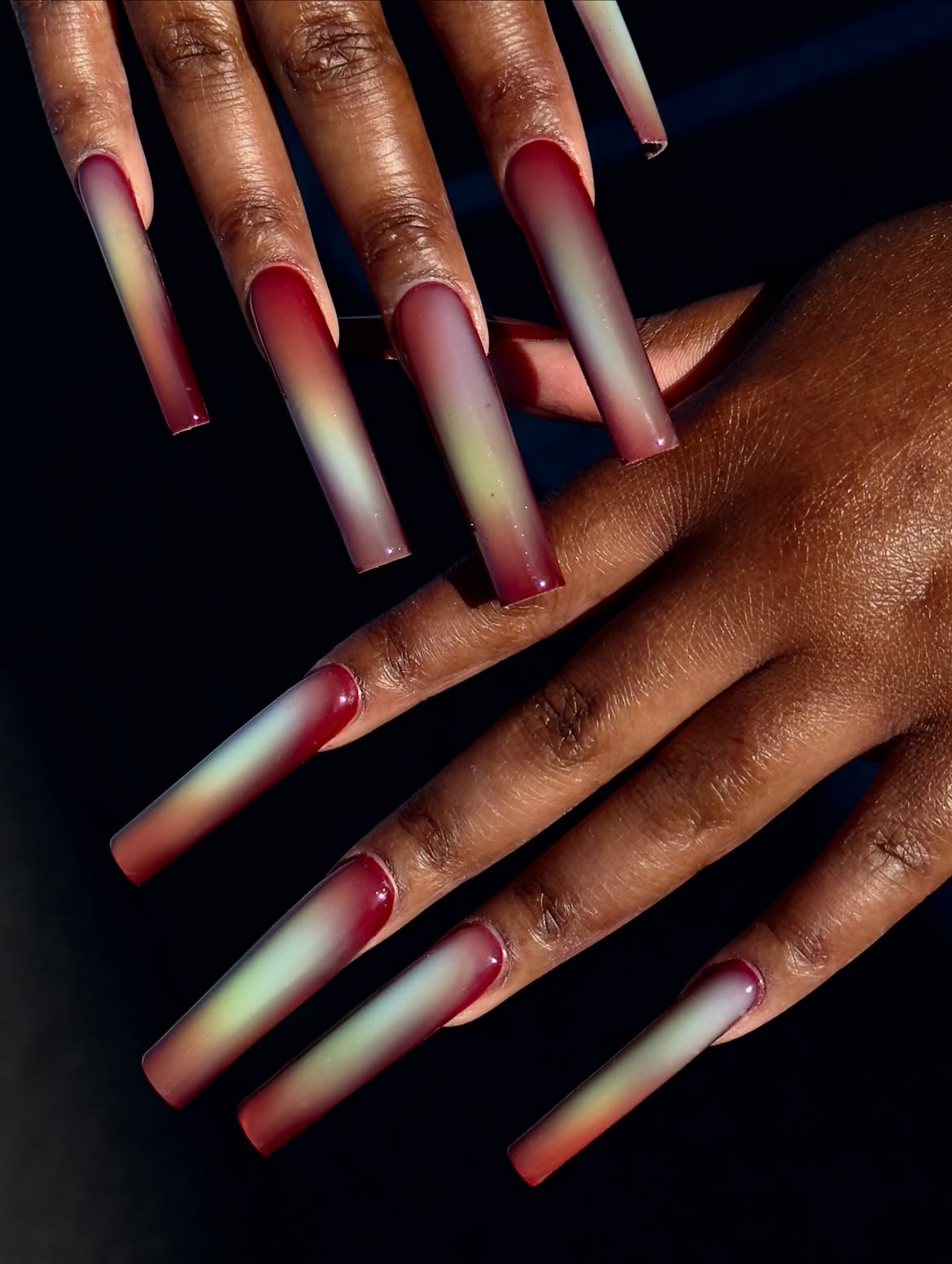 Gradient Amber And Green Long Square Nails