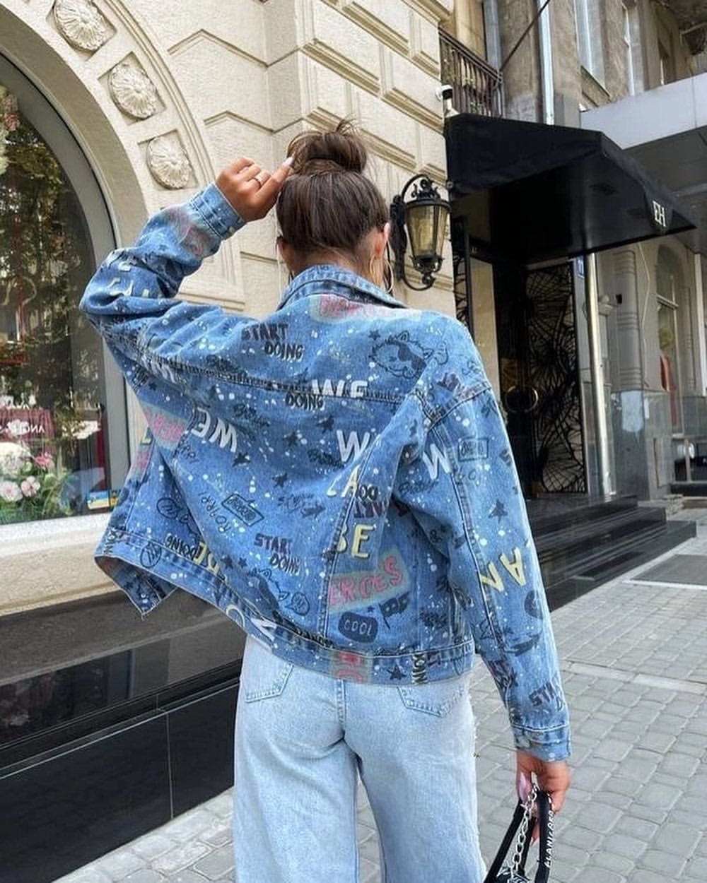 Graffiti Denim Jacket With Wide Leg Jeans