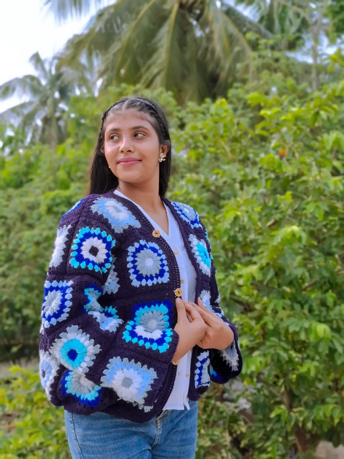 Granny Square Crochet Cardigan With Denim